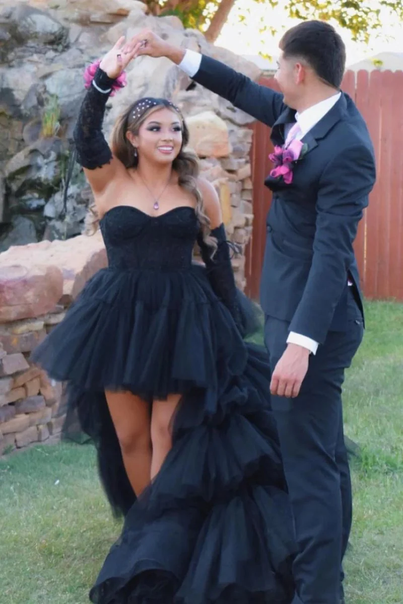 A-Line Asymmetrical Strapless Tiered Tulle Prom Dress