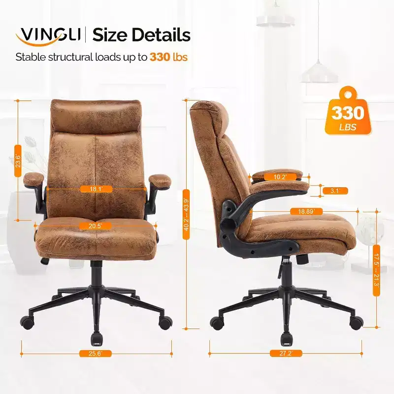 VINGLI Microfiber Brown Rolling Ergonomic Office Desk Chair with Padded Flip-up Arms, 360Swivel High Back Executive Computer Chair with Wheels