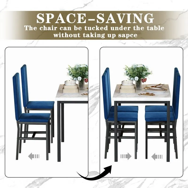 Grondin Modern Style Faux Marble Top 5-Piece Casual Dining Set with 4 Velvet Upholstered Dining Chairs