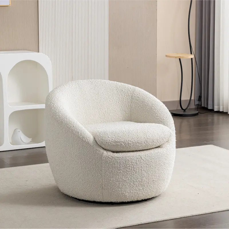 Round Barrel Accent Chair with 360° Swivel Base – Boucle Fabric