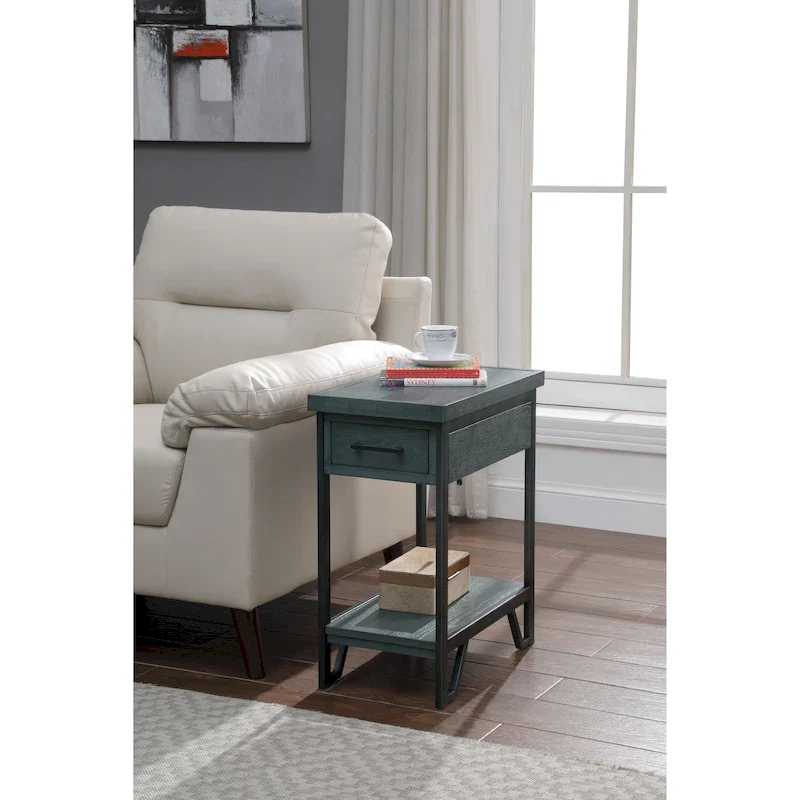Industrial 12-inch Metal 1-shelf 1-drawer Compact End Table with USB Ports
