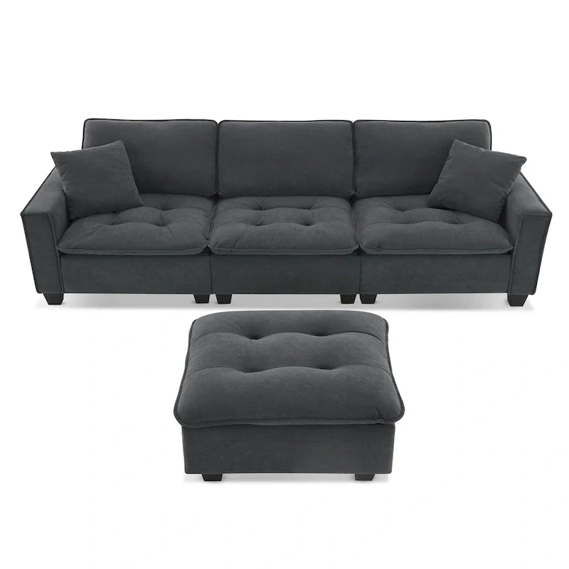 100 L-Shaped Convertible 4 Seater Sectional Sofa with Removable Ottoman and Matching Pillows, Suede Velvet Upholstery