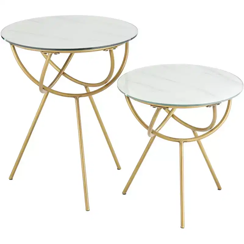 Studio 55D Mayflower Modern Metal Round Nesting Tables Set of 2 Gold Marbleized Tempered Glass Tabletop for Living Room Bedroom Bedside Entryway House
