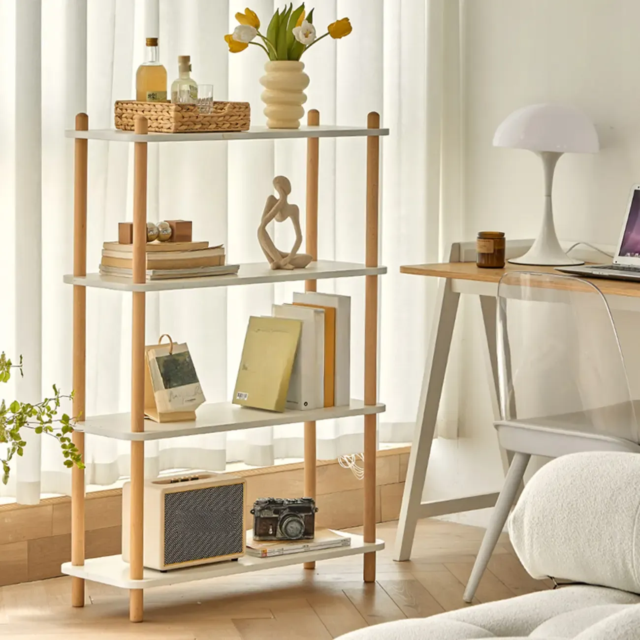 Etagere Wooden Rectangle 4-Tiers Open Back Bookcase