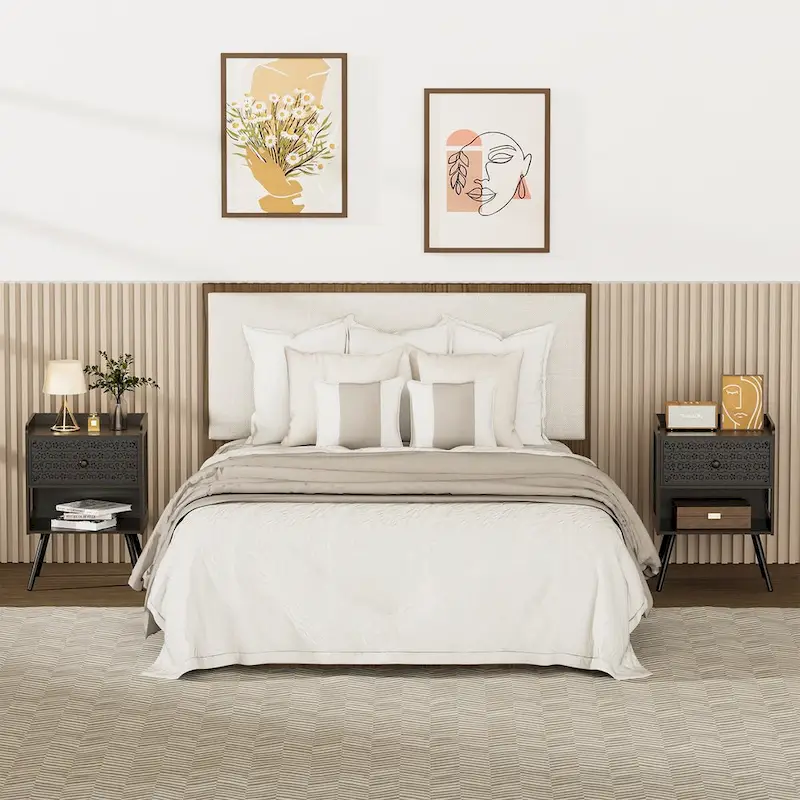 Wooden Bedside Table With Metal Legs Nightstand