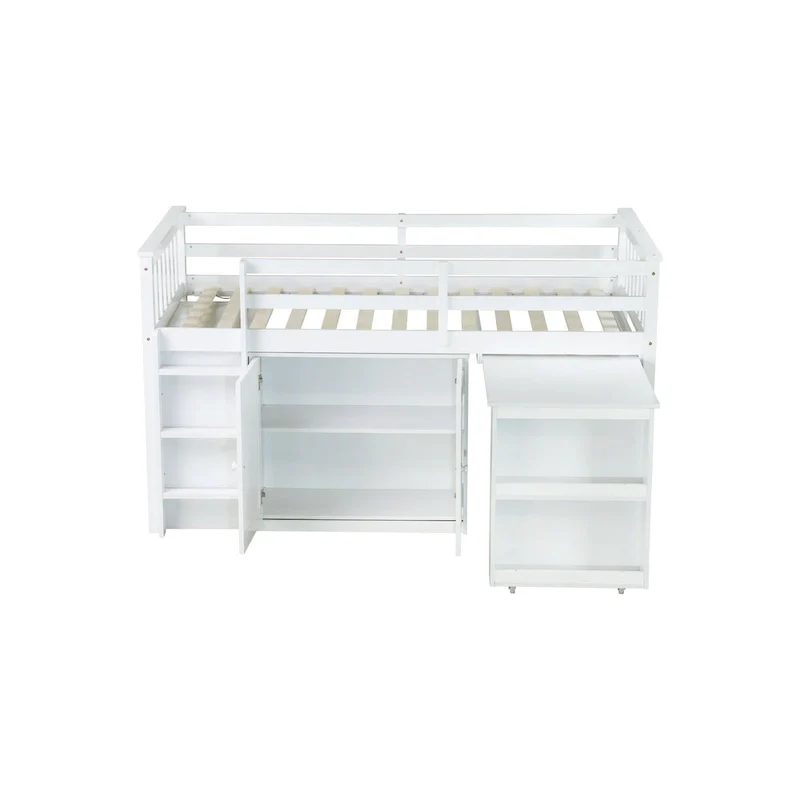 Twin Loft Bed with Pull-Out Desk, 2 Cabinets, 4 Drawers & Shelves