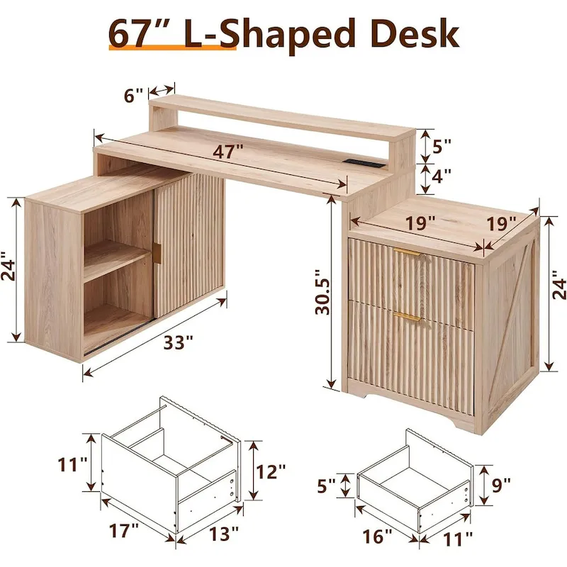 67 Modern L Shaped Desk, Wood Home Office Desk with Charging Station