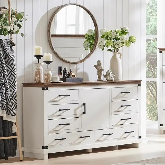 Farmhouse 8 Drawer Dresser, Wood Long Chest of Drawers, Closet Dresser