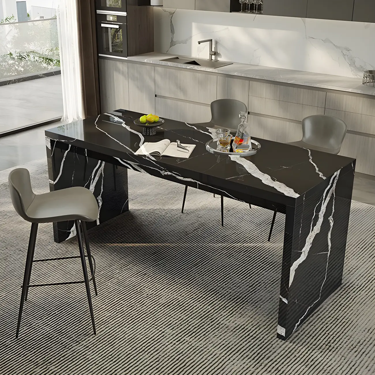 Elegant Black Marble Double Pedestal Bar Table