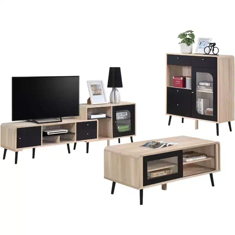 Kings Brand Furniture Nathan 3-Piece Living Room Set with TV Stand, Coffee Table & Sideboard Cabinet, Modern Farmhouse Style, Oak/Black