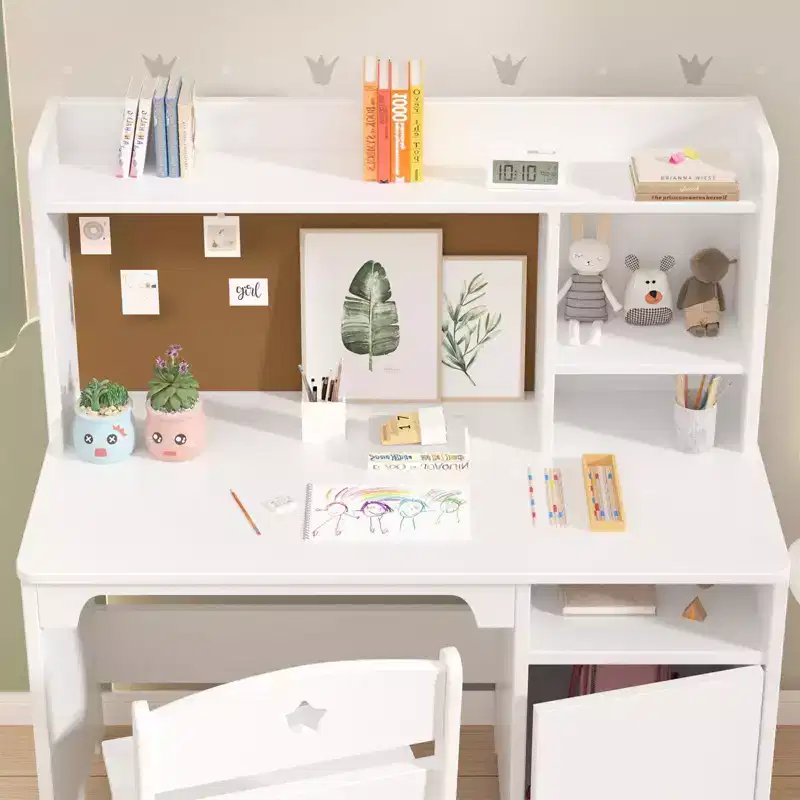 GustoWave Kids Desk & Chair Set with Hutch, Storage Cabinet, Wooden Children Student Writing Table for Kids Bedroom & Study Room