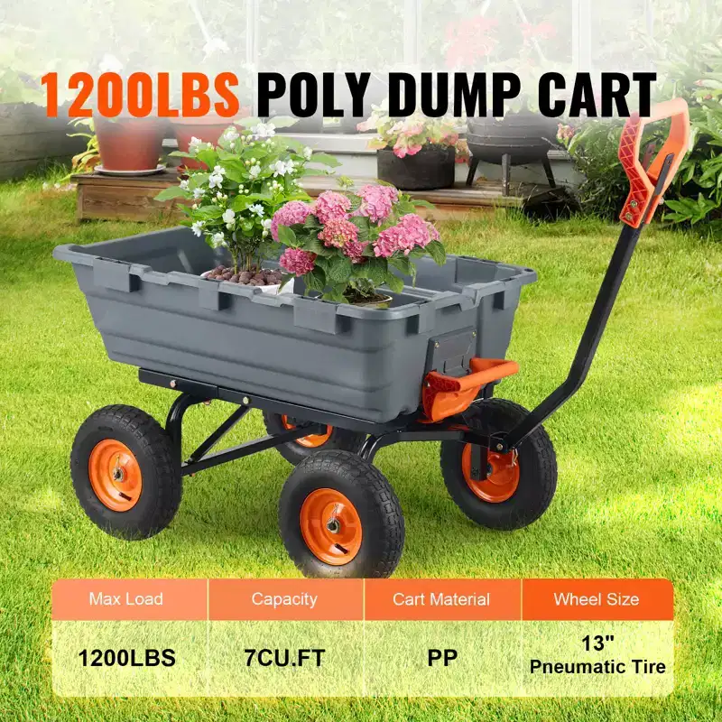 Poly Garden Dump Cart with Easy Assemble Steel Frame, 2-in-1 Convertible Handle, 6.48 cu. ft. Load Capacity, 1200 lbs Capacity, 13 inch Tires