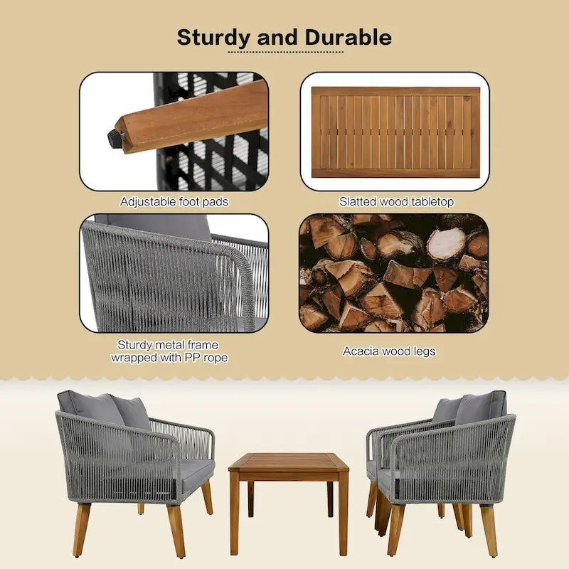 Mid-Century Modern 4-Piece Patio Set: Acacia Wood Loveseat, Chairs & Table