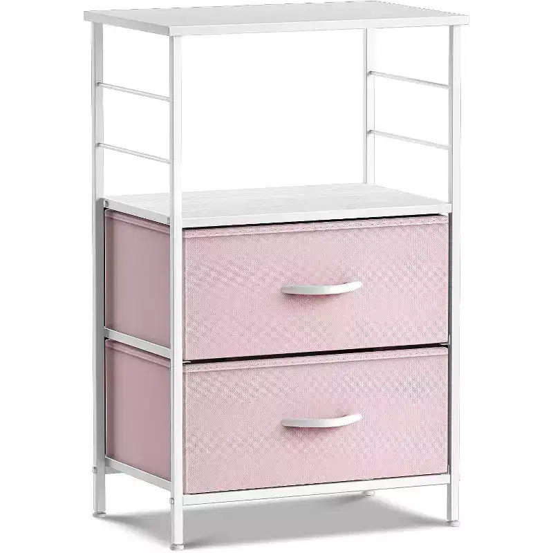 Sorbus 2 Drawers Nightstand with Shelf - Steel Frame, Wood Top & Easy Pull Fabric Bins - Perfect for Home, Bedroom, Office & More