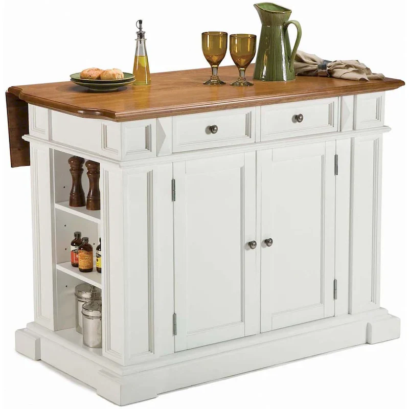 Homestyles Americana Distressed Off-White Oak Kitchen Island Set with Two Counter Stools
