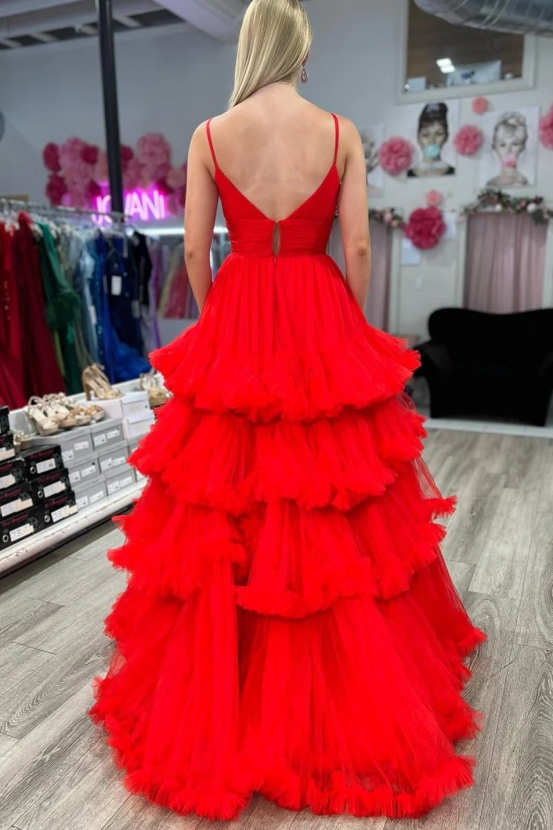 A-line V-Neck Tulle Prom Dress with Tiered Ruffles