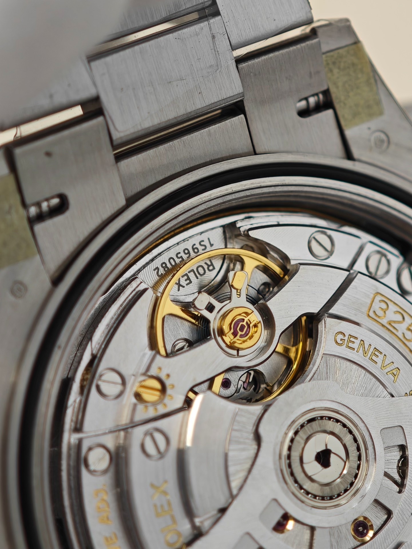 Close view of Rolex 3255 clone movement inside a replica Day-Date watch