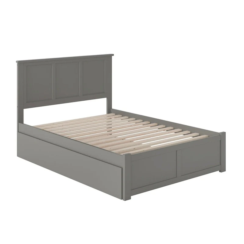 Full Size Solid Wood Platform Bed with Footboard & Full Trundle – Espresso / Grey / Walnut / White / Caramel Latte / Light Toffee, Sleeps 2