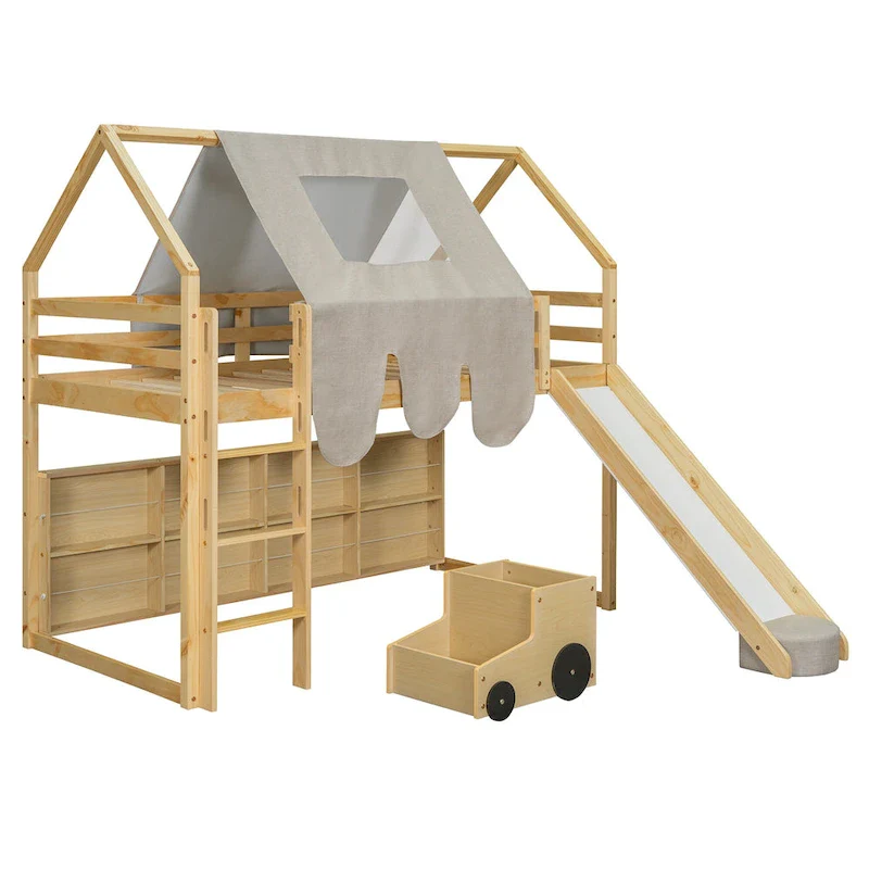Natural/White Twin Loft Bed with House Frame, Slide & Ladder, for 1 Child