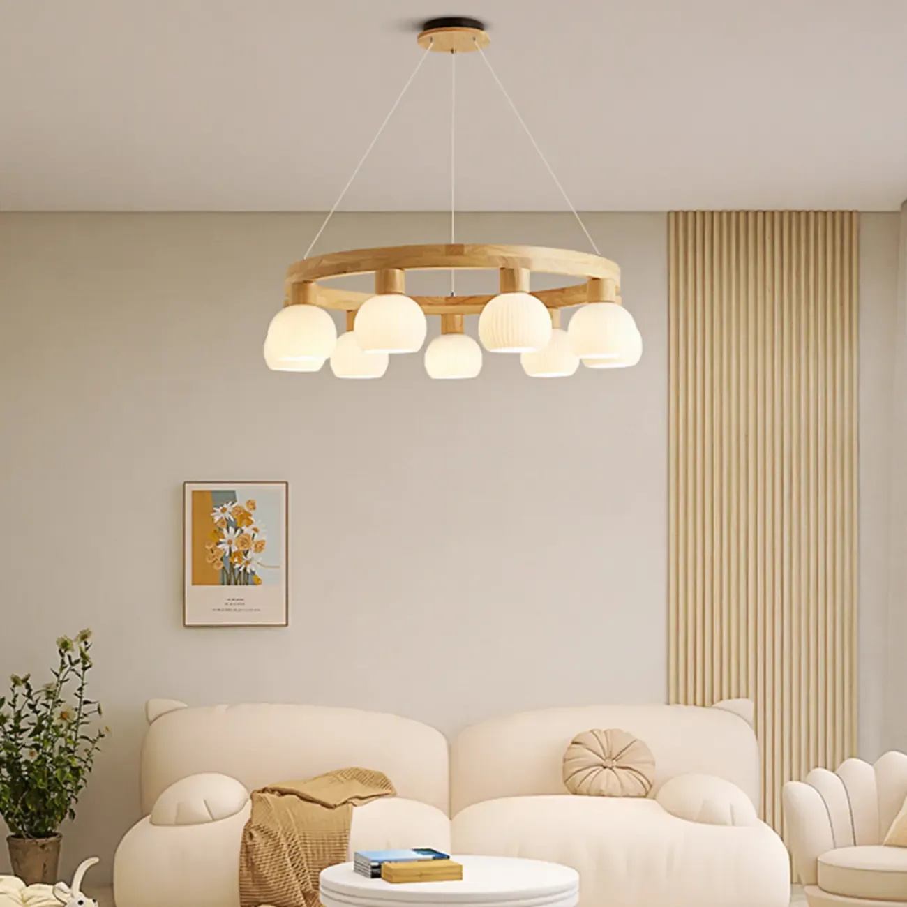Nordic Natural Wood Round Glass Pendant Chandelier