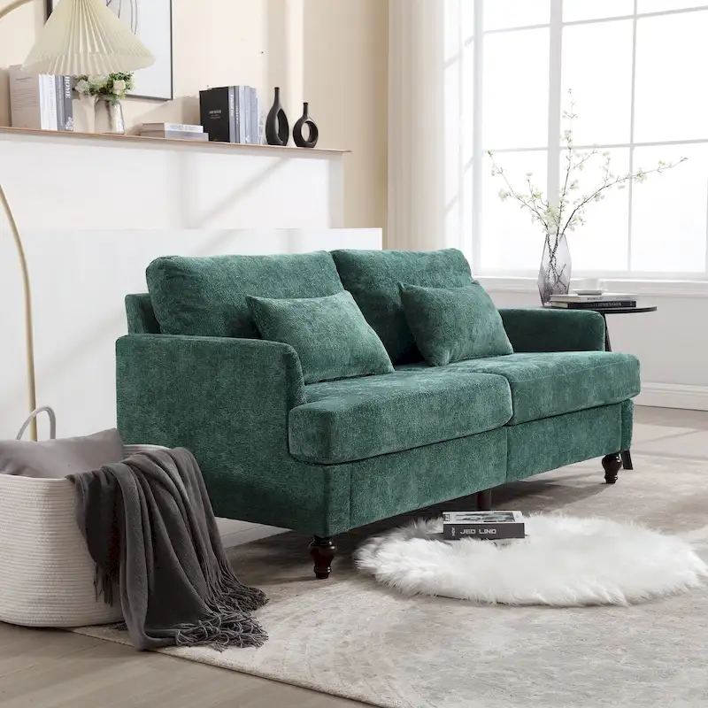 Chenille Fabric Loveseat with Detachable Cushions – Green / Orange / Beige / Black / Grey / Wine Red, Modern Style, Seats 2