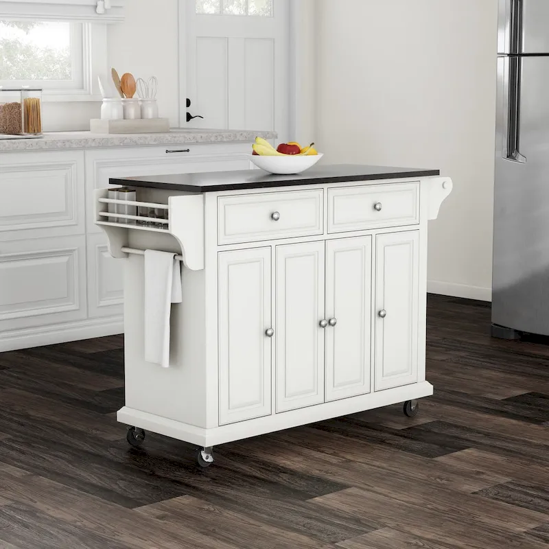 Full Size Kitchen Cart with Black Granite Top, 3 Cabinets & 2 Drawers - White - 51.5W x 18D x 36H