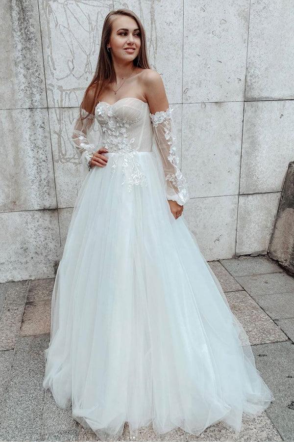 Sleeves Sweetheart A-line Lace Detachable Sleeves Lace Wedding Dress