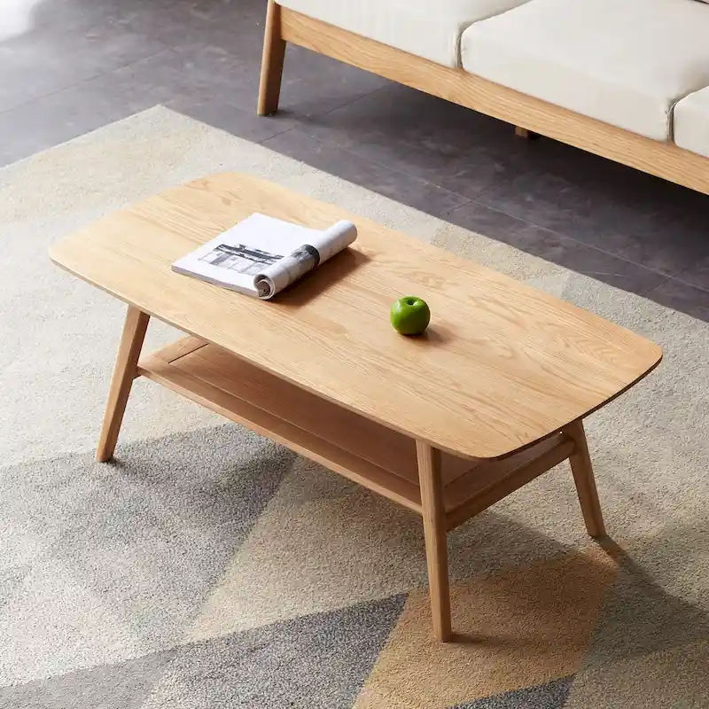 Nordic Natural Solid Wood 2-Tier Coffee Table with Shelf, Rectangle Accent Cocktail Table