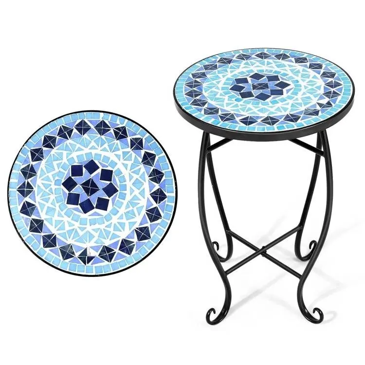 Indoor/Outdoor Blue Mosaic Round Side Accent Table Plant Stand - 14"W x 14"D x 21"H