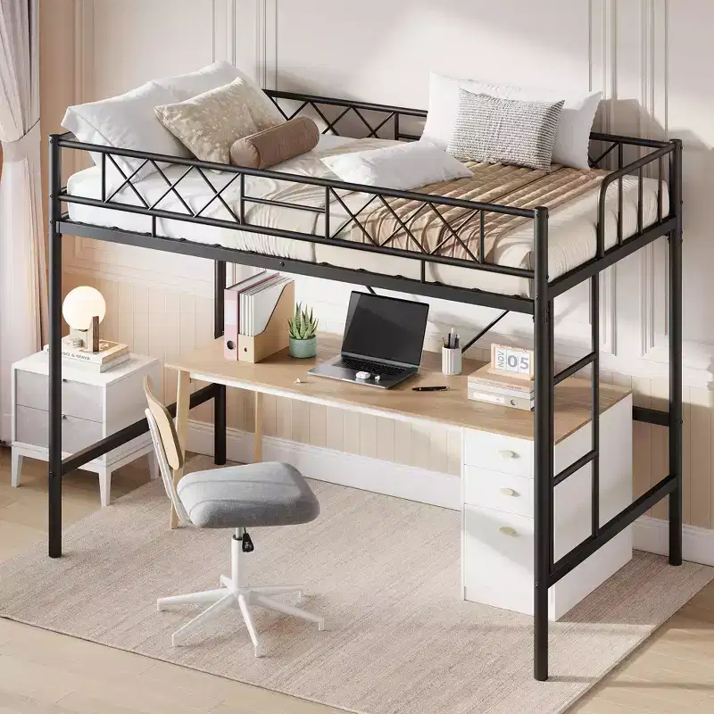 Twin Over Full Heavy Duty Metal Bunk Bed, Sturdy Quiet Construction with Ladder & Guardrails, Space-Saving Design, No Box Spring Required