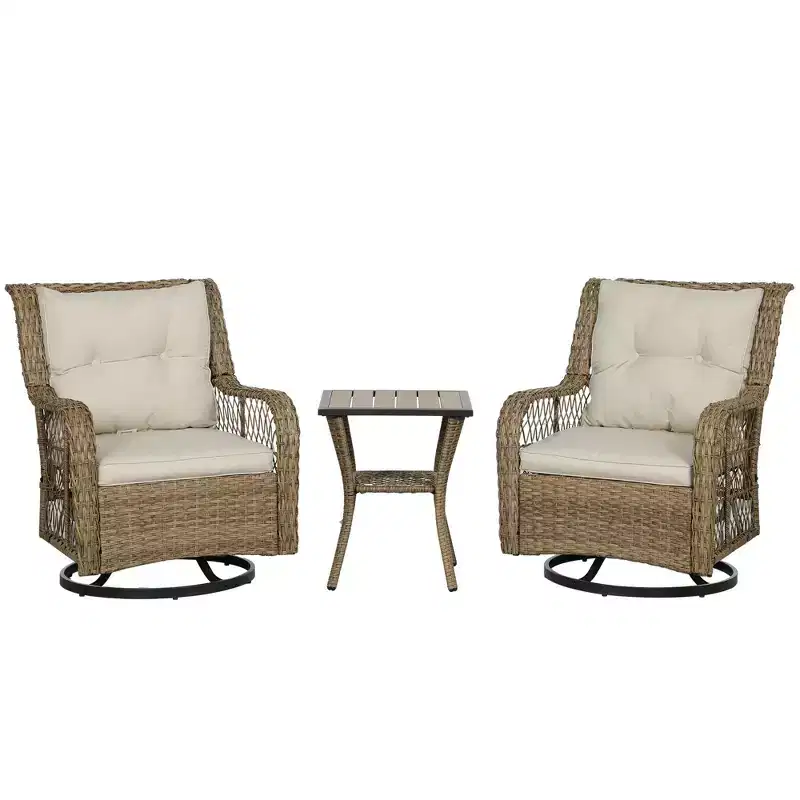 Outsunny Wicker Bistro Set, 3 Piece Patio Furniture Set with Swivel Rocking Chairs and Storage Table, Thickened Cushions for Balcony, Porch
