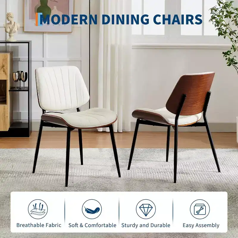 Four-person dining chair set, with leather seat cushion, walnut backrest and metal legs. Suitable for kitchen and dining room. White stripes.