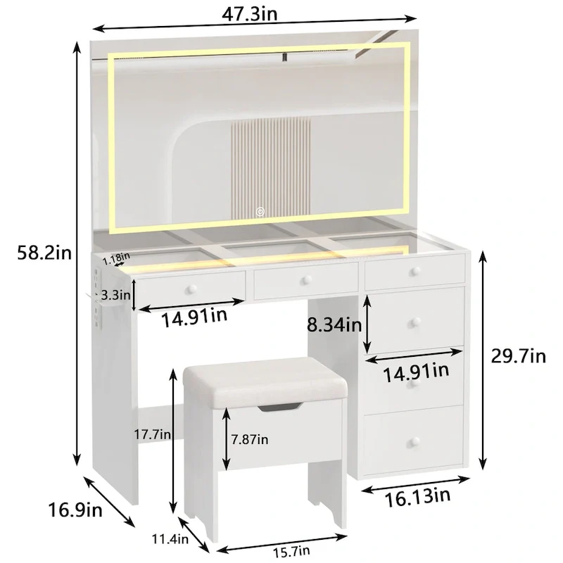 Vanity Desk with LED Lighted Mirror & Power Outlet & 6 Drawers, Makeup Table and Storage Stool for Bedroom, White