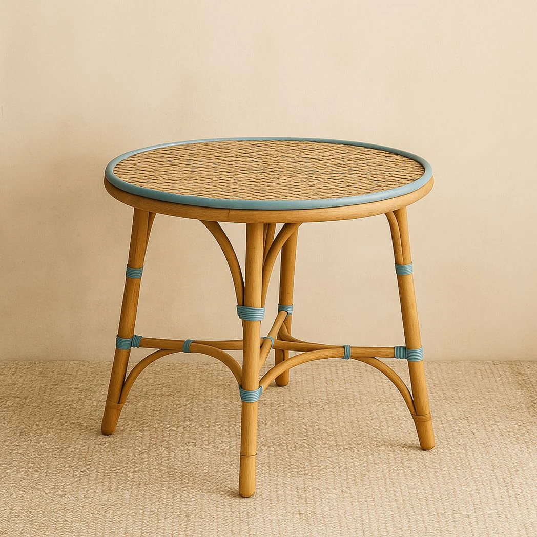 Table Ronde en Rotin Synthétique avec Détails en Plastique Bleu