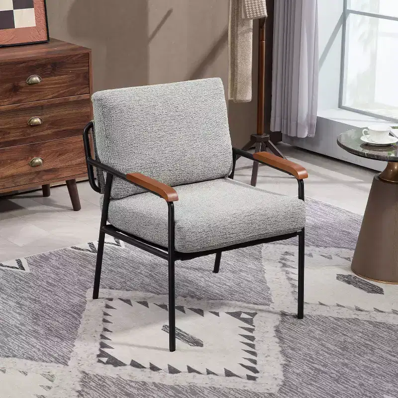 TUYOHW Modern Accent Chair,Lounge Chair with Wood Armrests,Black Metal Frame,Adjustable Foot Nails,Upholstered Armchair for Living Room,Dining Room