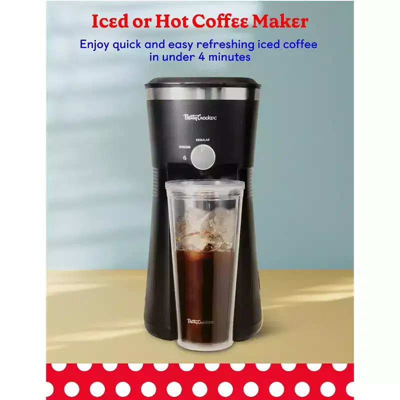 Betty Crocker Coffee Maker for Iced  Hot Brew, Compact Iced Coffee Machine with Chrome Accents, Reusable Filter, BPA-Free, Black