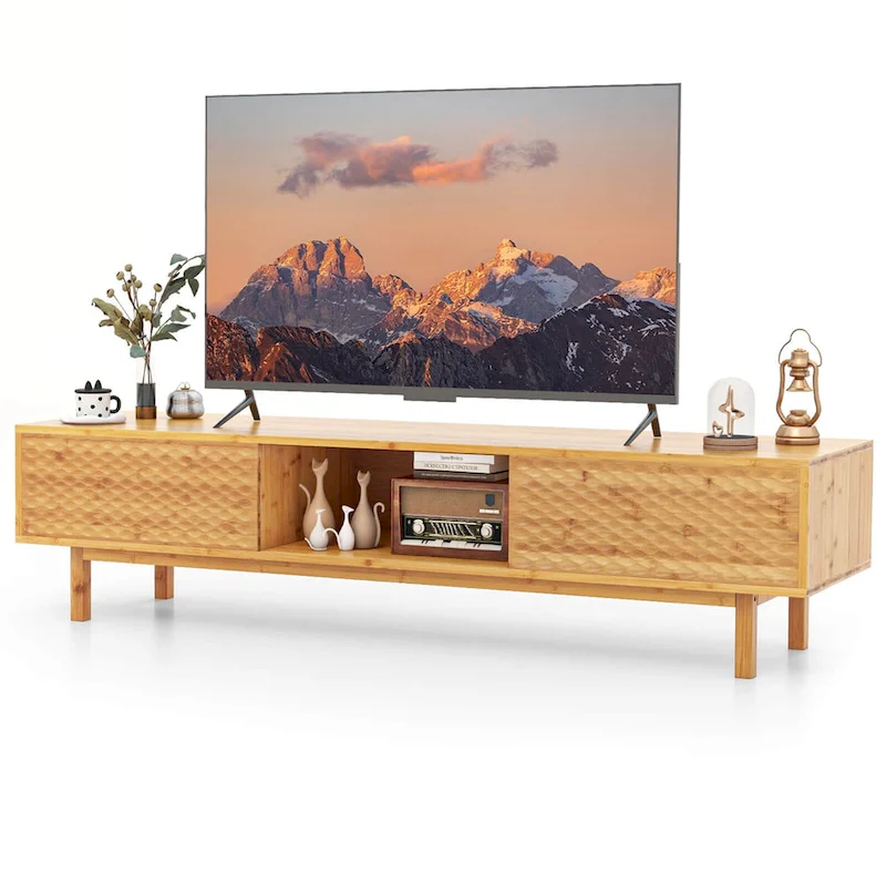 Natural Bamboo TV Stand with Sliding Doors & 3 Storage Compartments, Fits up to 70