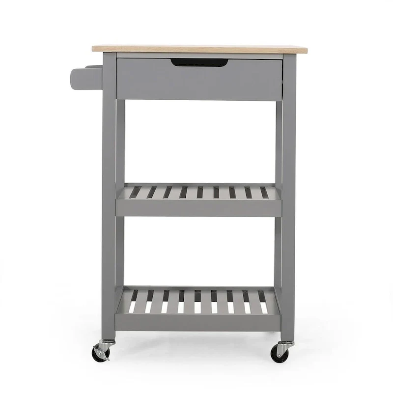 Compact Wooden Kitchen Cart with Wheels Shelves and Drawer by