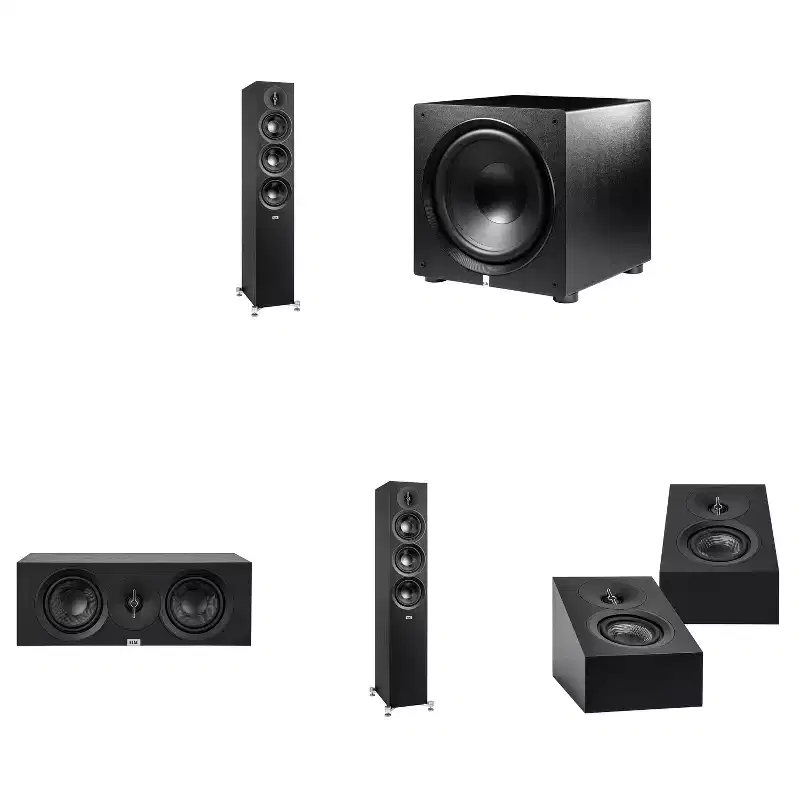 Elac DF53-BK - Debut 3.0 5.25 Floor Speaker - Black (Pair), ELAC DA43-BK Debut 3.0 - DA43-BK Atmos / On Wall speaker, Elac PS500 Subwoofer and Ela...