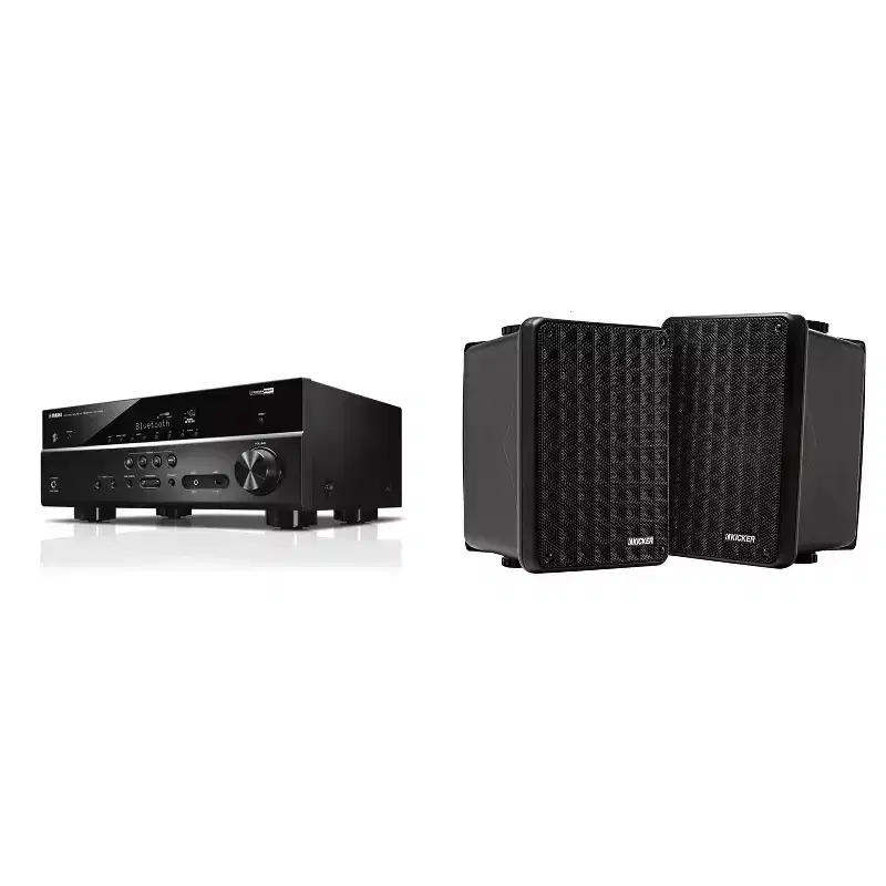 RX-V385 5.1 Channel 4K AV Receiver w/ Kicker KB6B 2-Way Full Range Indoor Outdoor Speakers (Pair) Weatherproof Speakers for Patio Garage Poolside i...