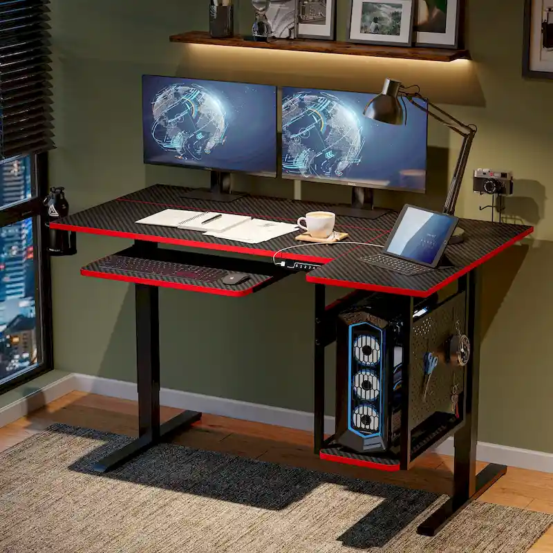 57 inch Electric Standing Desk Adjustable Height L Shaped Desk with Keyboard Tray and Host Shelf