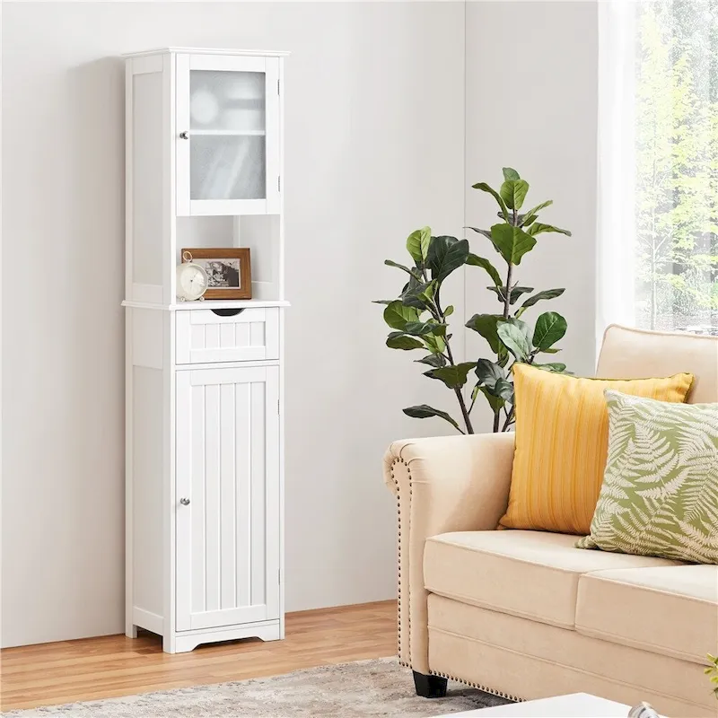 Yaheetech Freestanding Storage Cabinet Kitchen Cupboard with Glass Door, White - N/A