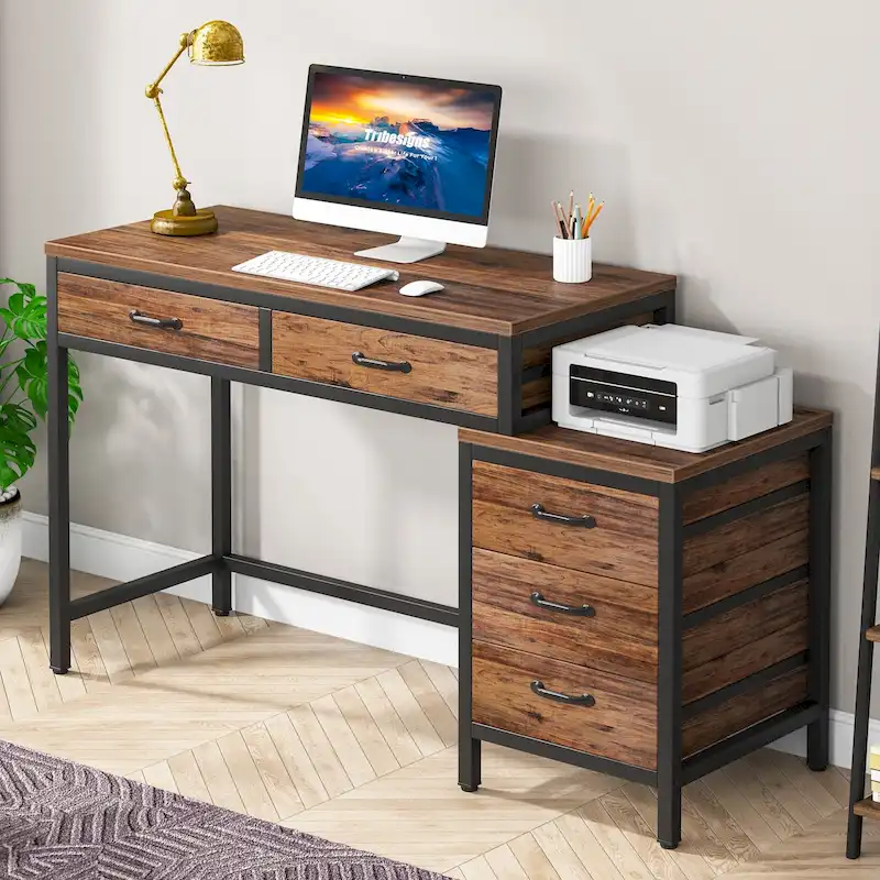 Reversible Computer Desk with 5 Drawers, Home Office Desk with File Cabinet Drawer Printer Stand