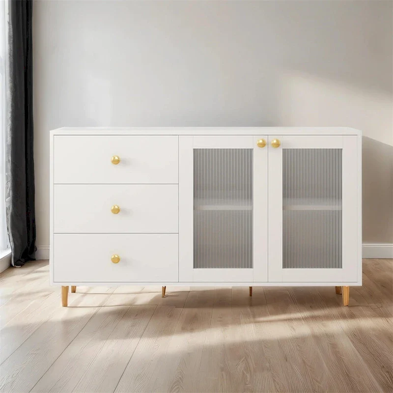 Modern Wood Side Cabinets with Glass Doors and Drawers