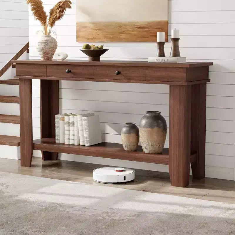 54-Inch Long Console Table with Drawers, Wooden Rectangular Entryway Table w/Open Storage Shelf, Sofa Table Behind Couch, Farmhouse Entry Foyer Table