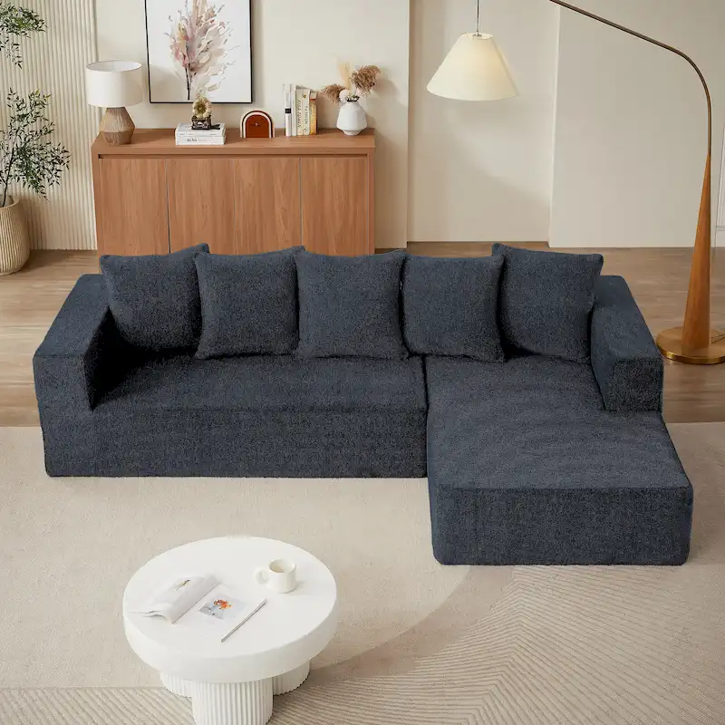 Blue 104.34  Modular L-Shaped 3 Seater Sectional Sofa Set in Luxurious Chenille Fabric Chaise - Minimalist Design