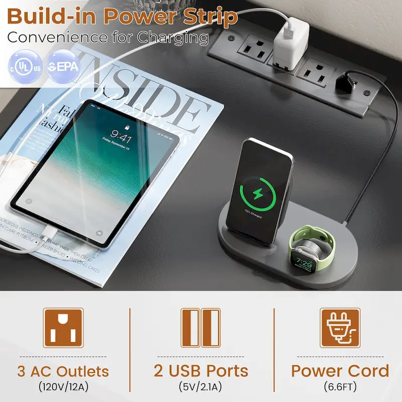 Set of 2 Nightstand with Charge Station and LED Light, End Table with Drawers