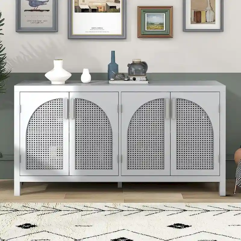 Sideboard with Rattan Doors - 2-Cabinet Storage Console (Gray/White/Black)