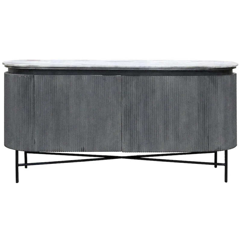 Black/White Mango Wood Fluted Sideboard with Marble Top & Metal Legs