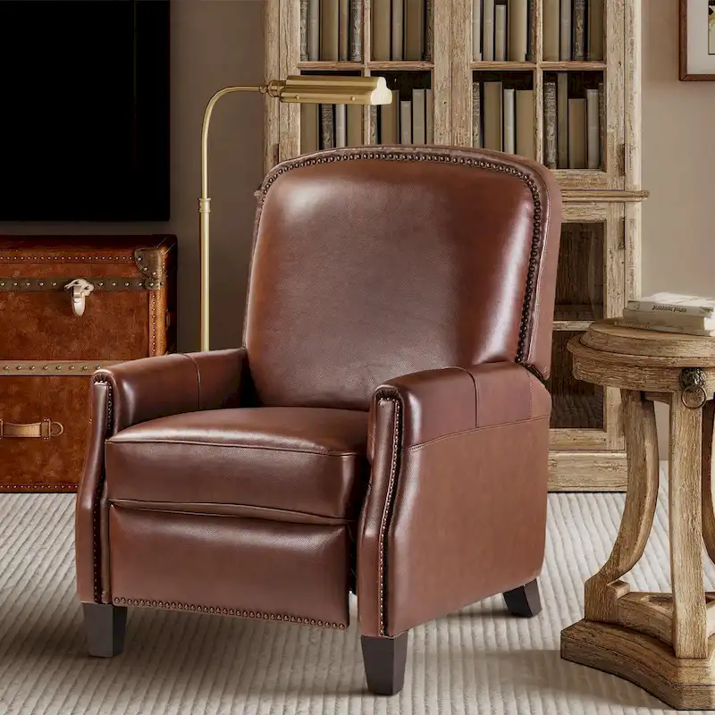 Modern Retro Genuine Leather Recliner with Nailhead Trim & Wooden Frame